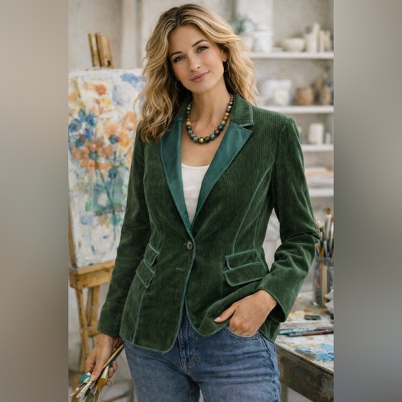 Joan Vass Jackets & Blazers - Joan Vass Teal Green Corduroy Blazer Tailored Jacket Quiet Luxury Chic Size 10